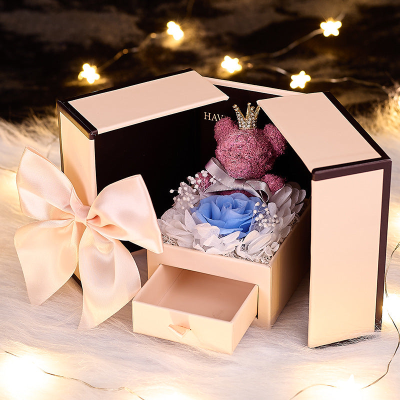 Eternal Rose Bear Double Door Flower Gift Box Luxurious Jewellery Keeper