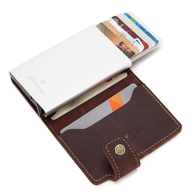 Leather Automatic Pop Up Aluminium Card Holder For Credit Cards Slim Wallet Rfid