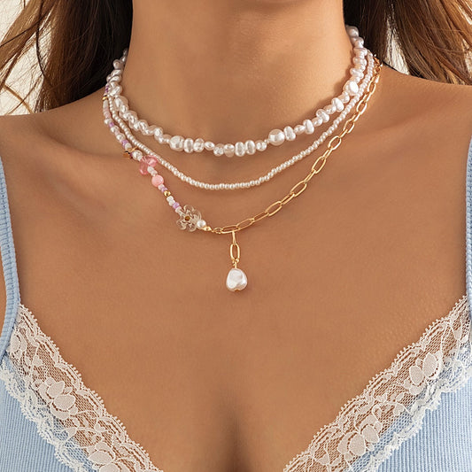 Retro Multi-Layer Pearl Necklace Dangle Pendant Gold Womens Jewellery