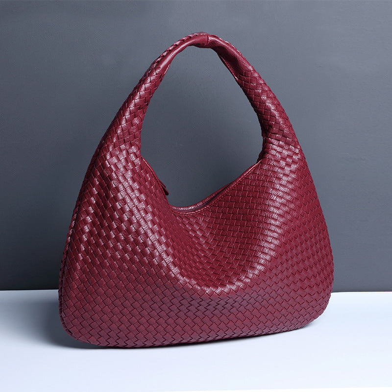 Large Women's Crescent Woven Handbag Zip Closure Daily Use Bag