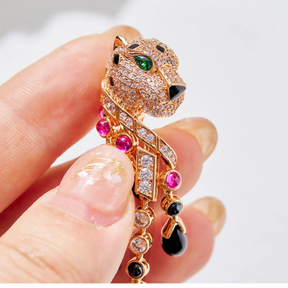 Leopard Spot Gold Plated Copper Earrings Cubic Zirconia Crystal Embellishment