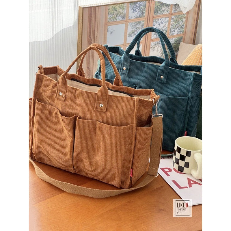 Womens Autumn Winter Corduroy Shoulder Tote Multi-Pocket Durable Spacious Bag