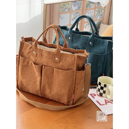 Womens Autumn Winter Corduroy Shoulder Tote Multi-Pocket Durable Spacious Bag