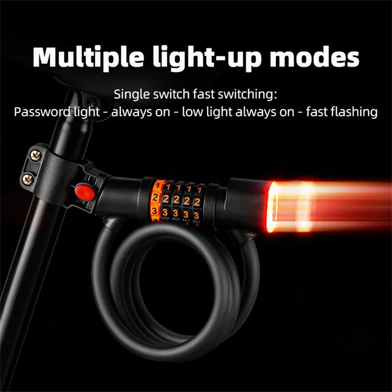 Bike Lock Steel Cable PVC Coated 5-Digit Combination LED Light 260mAh Battery 1.2m