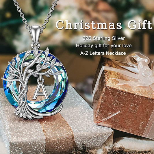 Initial Letter Tree of Life Blue Austrian Crystal Necklace Women's Jewellery