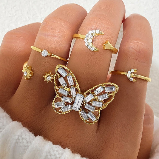 Women’s Gold Tone Midi Ring Set Butterfly Star Moon Jewelry Adjustable Rings