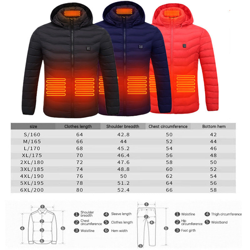 Men's Unisex 8 Zone Electric USB Heated Winter Heater Thermal Jacket Coat