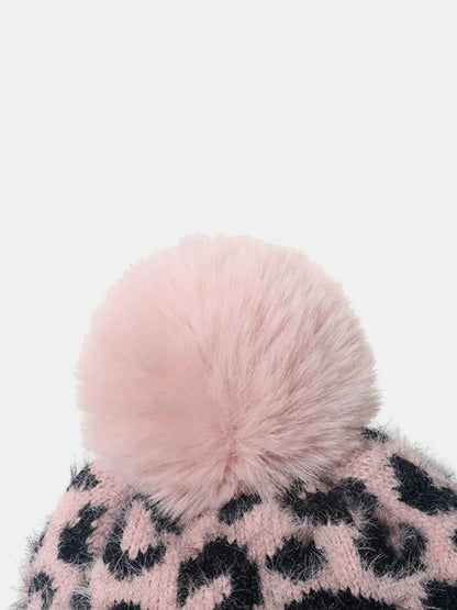 Leopard Print Acrylic Knit Winter Hat with Soft Pompom Stylish Essential Cap