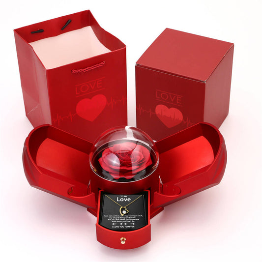 Dual Rose & Necklace Gift Box Set Crystal Heart Necklace Valentine's Day Romantic