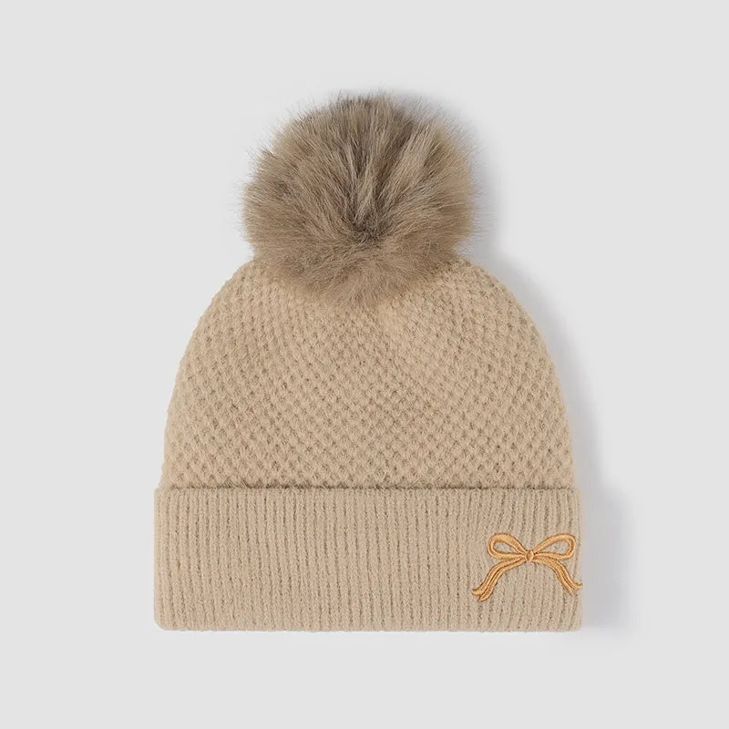 Thermal Knit Hat Pompom Embellishment Winter Accessory Cozy Elegant Headgear