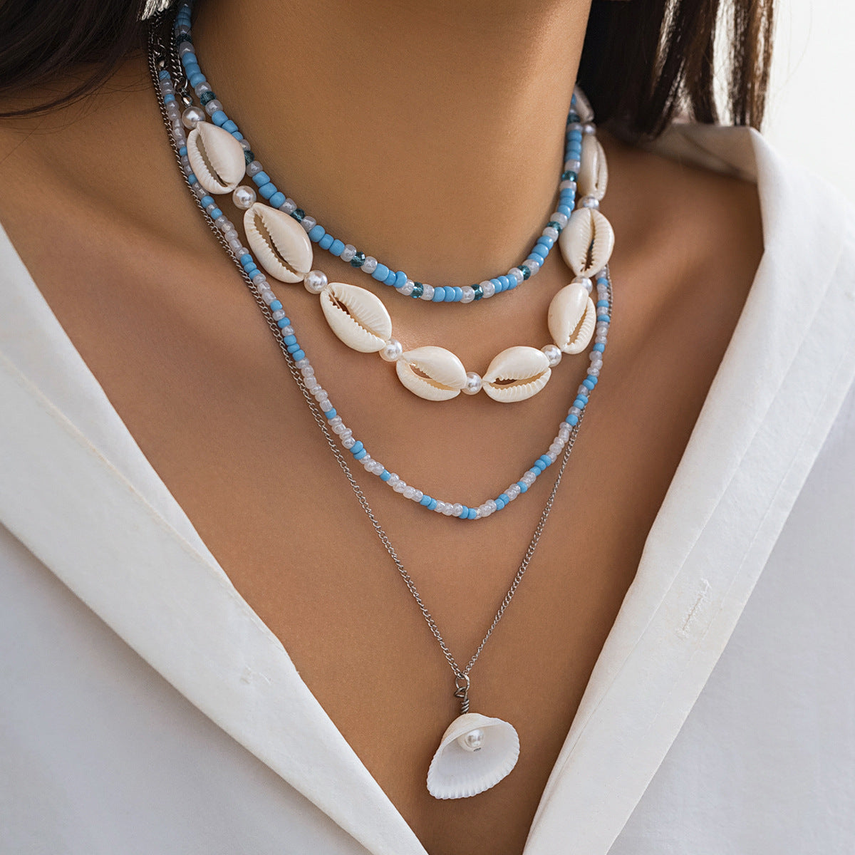 Beach Theme Beaded Necklace Layered Pearl Starfish Shell Jewellery
