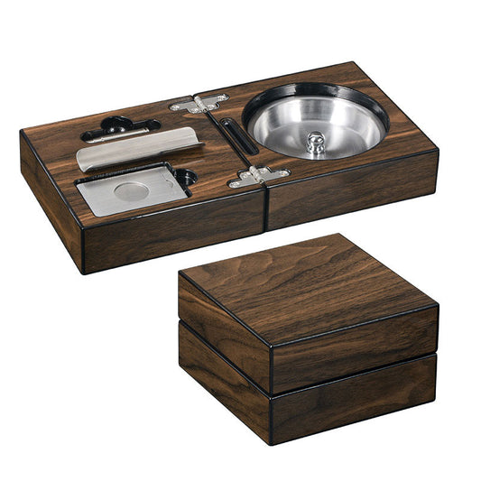 Walnut Wood Cigar Ashtray Set with Cutter Holder Drill Ashtray Compact Design Gift