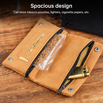 Multifunctional Leather Tobacco Pouch Zippered Foldable Moisture-Retaining