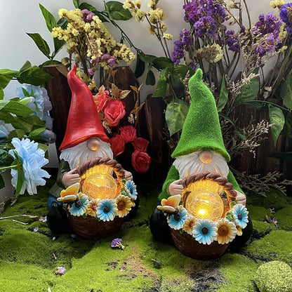 Resin Solar Powered Gnome with Flower Basket and Glass Orb Garden Illumination