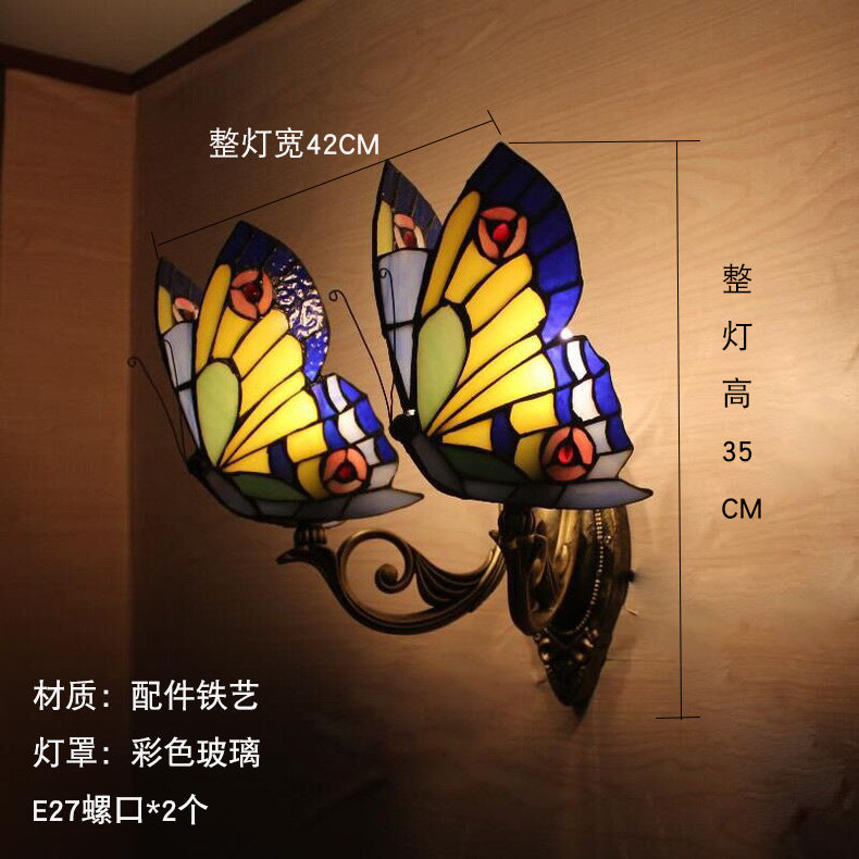 Home Butterfly LED Wall Lamp Stained Glass European Countryside Style Lighting