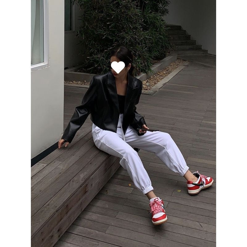 Women's Black Cropped Leather Jacket Long Sleeve Urban Style Fashion Trend