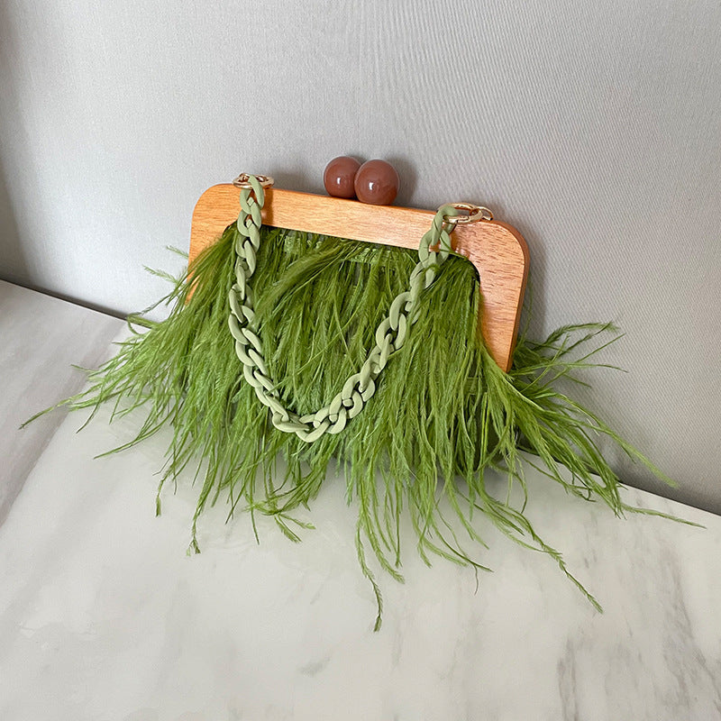 Acrylic Chain Women’s Tassel Banquet Bag Wooden Frame Shaggy Bags