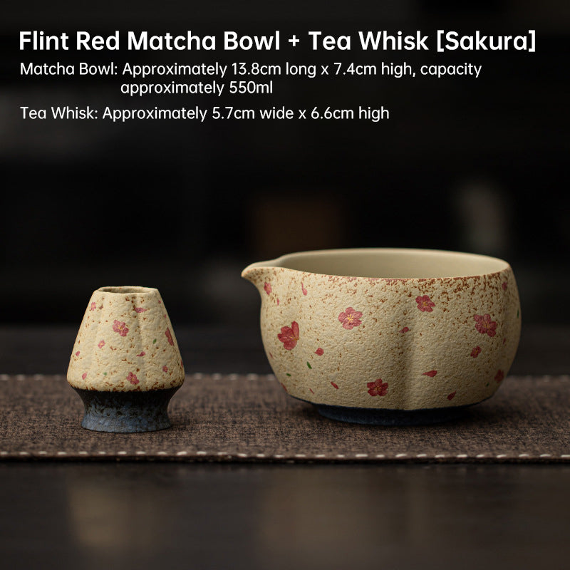 Japanese Flint Red Matcha Tea Kit 2-8 Pieces Bamboo Whisk Ceramic Bowl Storage