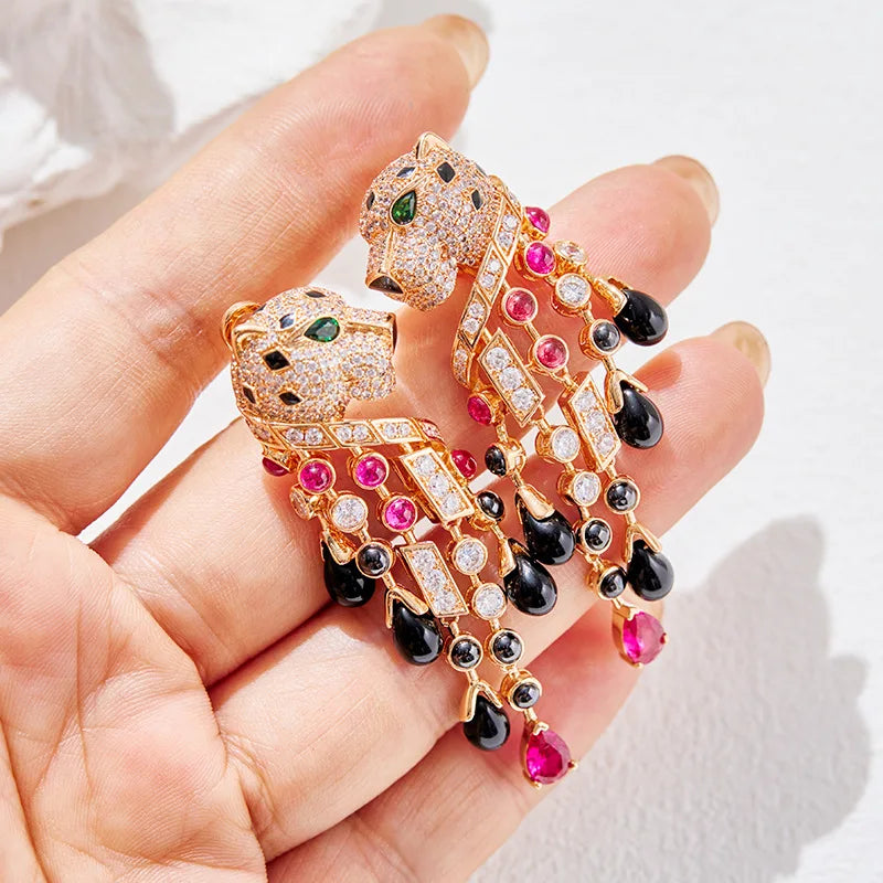 Leopard Spot Gold Plated Copper Earrings Cubic Zirconia Crystal Embellishment