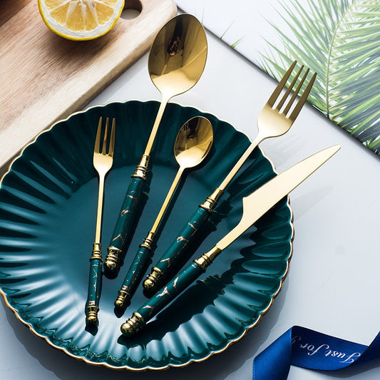 5pcs Ceramic Tableware Fork Spoon Knife Set Vintage Cutlery Set Stainless Steel