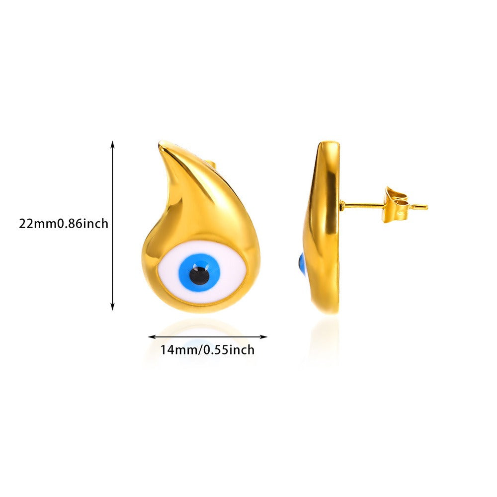 Gold Plated Stainless Steel Blue Evil Devil's Eye Stud Earrings Luck Karma