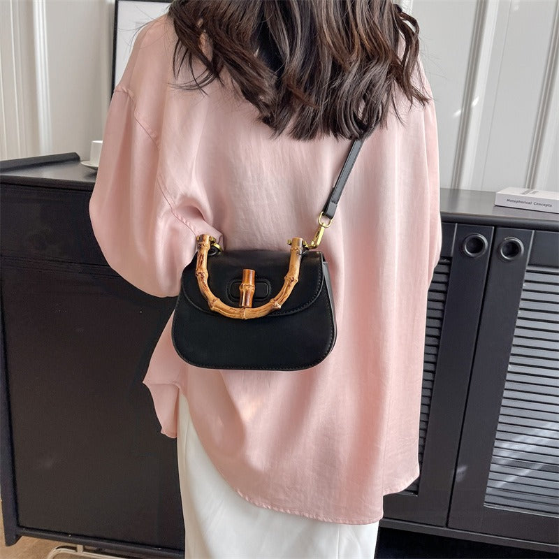 Bamboo Handle Women's Shoulder Handbag Retro Saddle Bag Green Pink