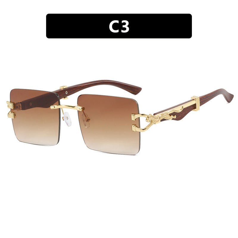 Women's Wooden Frameless Square UV400 Sunglasses Slim Leopard Print Protection
