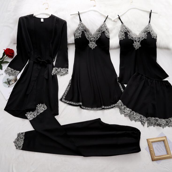 Women's 5-Piece Silk Pajama Set Elegant Lace Trim Sleepwear Nightwear Robe Lounge
