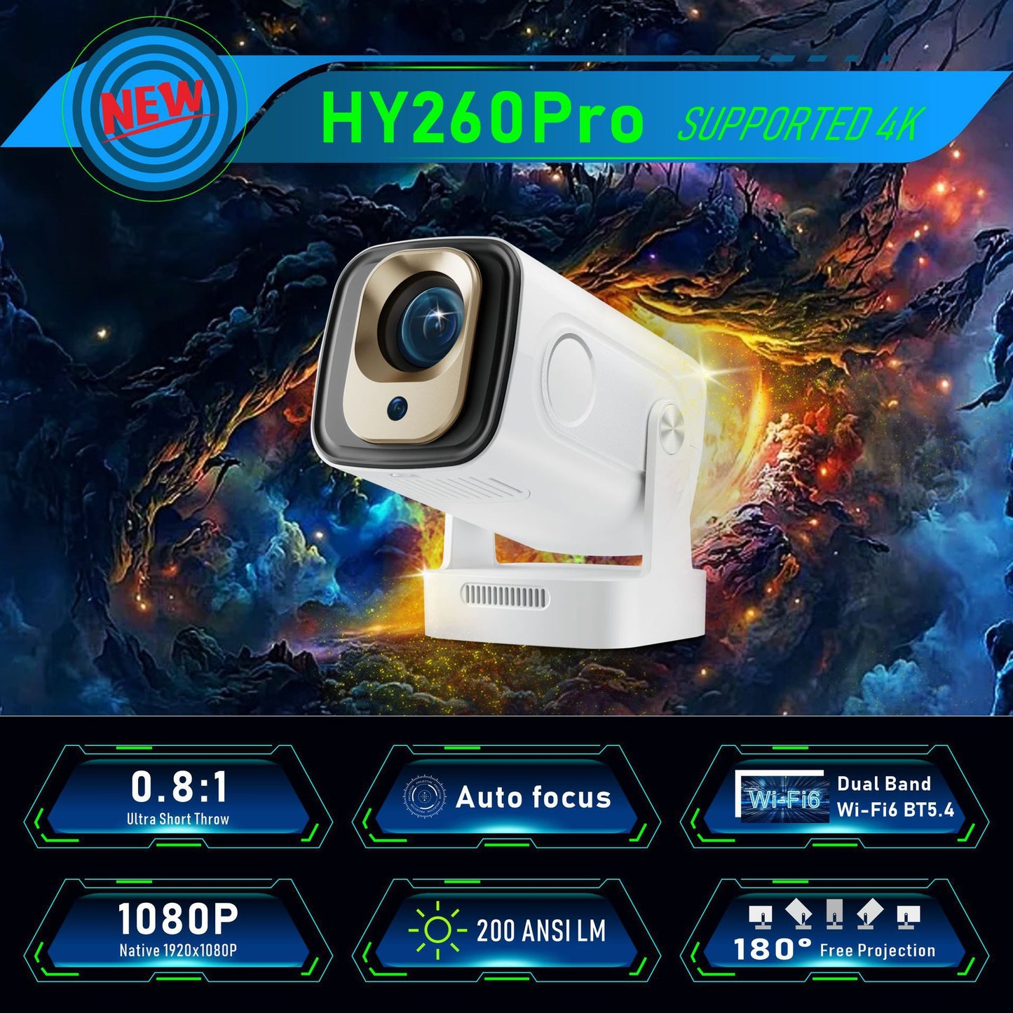 Hy260 Pro Android 11 Smart HD 4K Projector Portable Auto Focus Screen Display