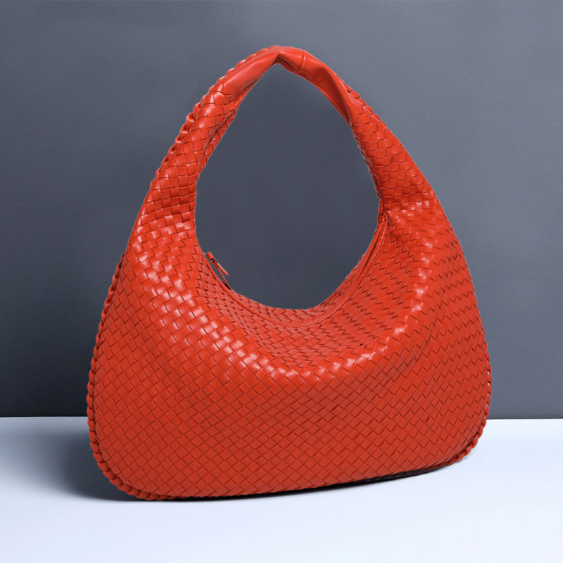 Large Women's Crescent Woven Handbag Zip Closure Daily Use Bag