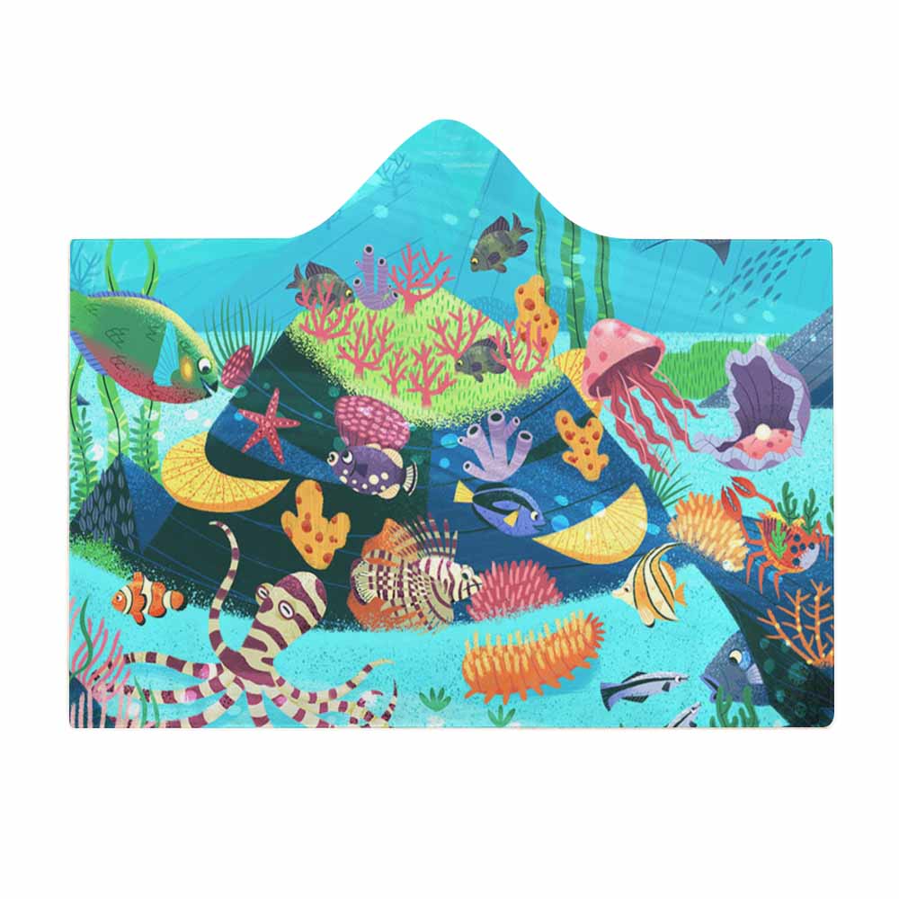 Wearable Hooded Blanket Soft Arctic Velvet Coral Reef Ocean Theme 3 Sizes