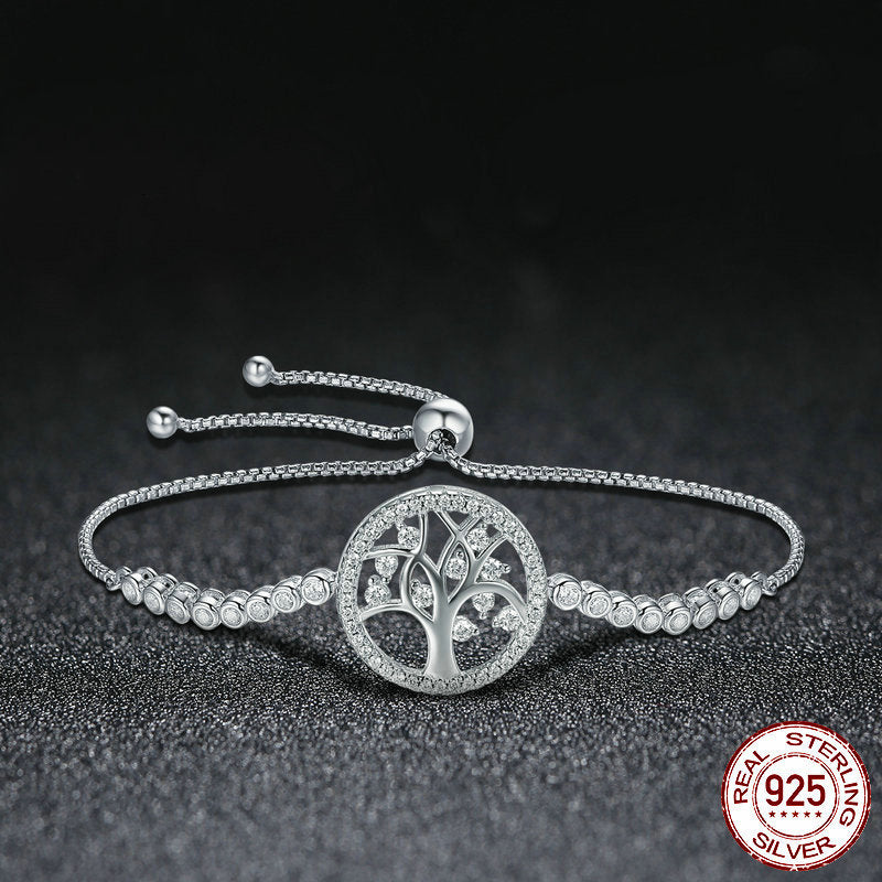 S925 Sterling Silver Tree of Life Bracelet Cubic Zirconia Sparkle Adjustable