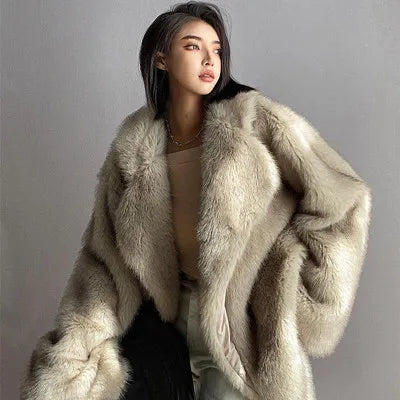 Women's Oversized Loose Faux Fur Jacket Luxurious Warm Fuzzy Plush Coat