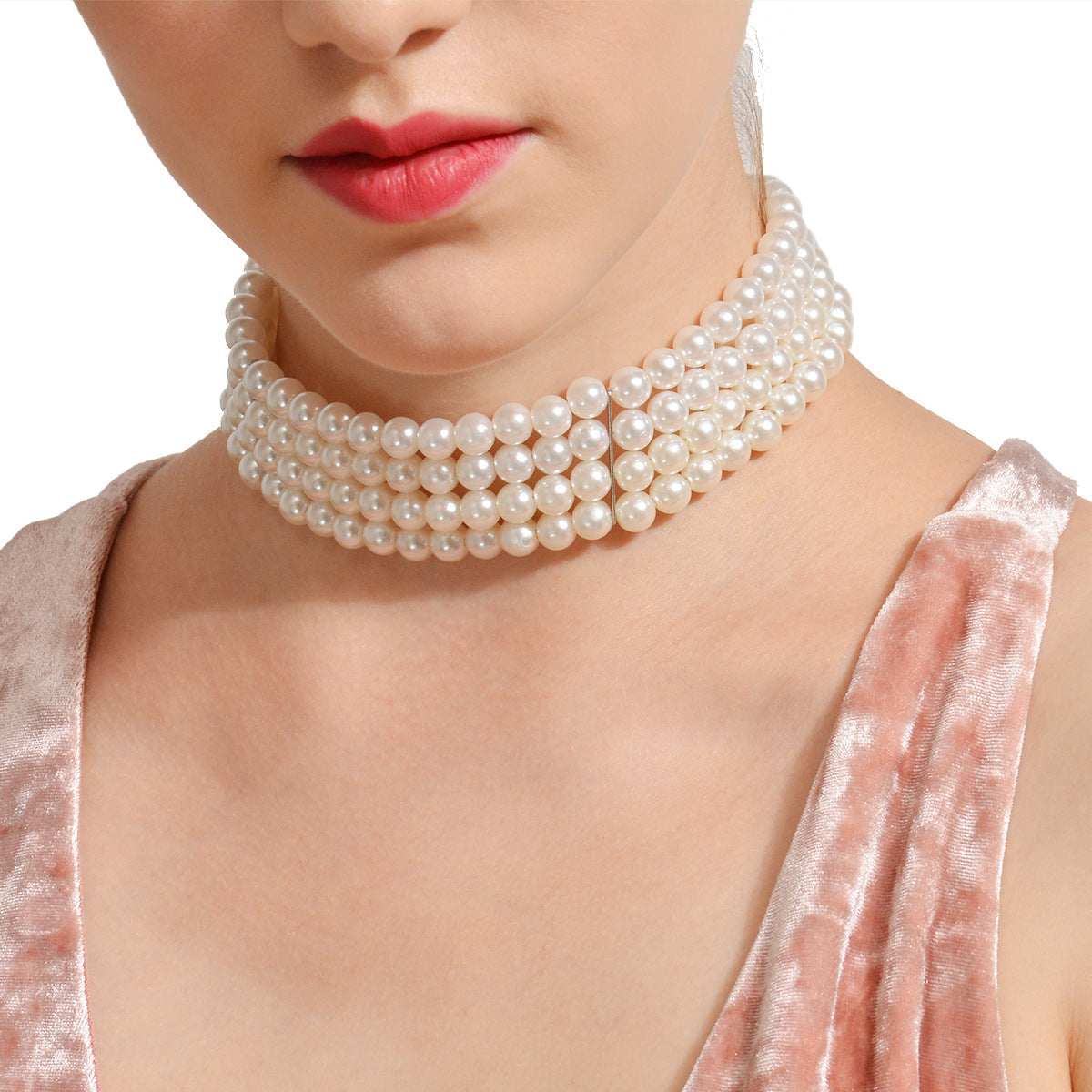 4 Row White Round Pearl Choker Necklace Women's Jewellery Jewelry