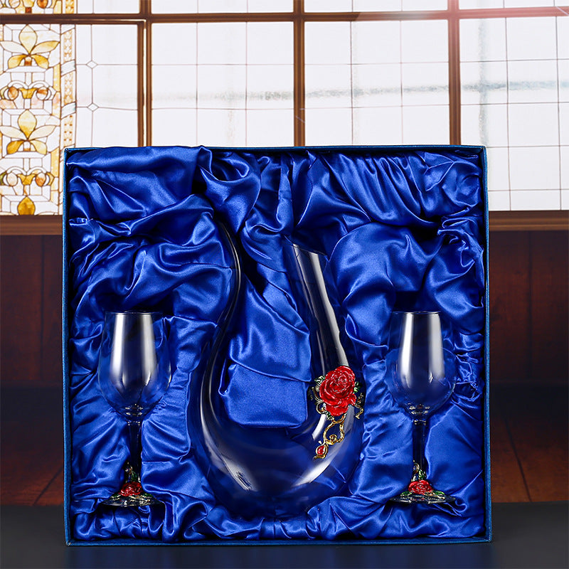 Enamel Crystal Glass Red Wine Goblet Decanter Set Premium Home Bar Essentials