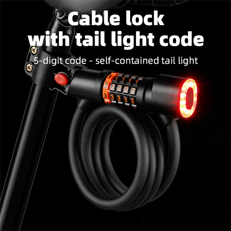 Bike Lock Steel Cable PVC Coated 5-Digit Combination LED Light 260mAh Battery 1.2m