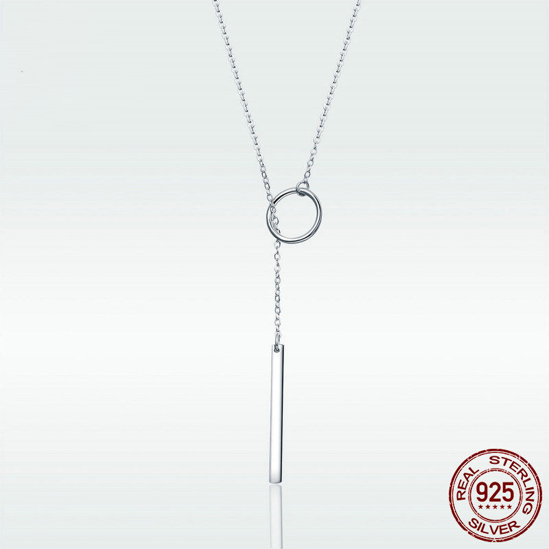 S925 Sterling Silver Round Bar Pendant Necklace Elegant 80cm Chain Jewellery