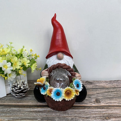 Resin Solar Powered Gnome with Flower Basket and Glass Orb Garden Illumination