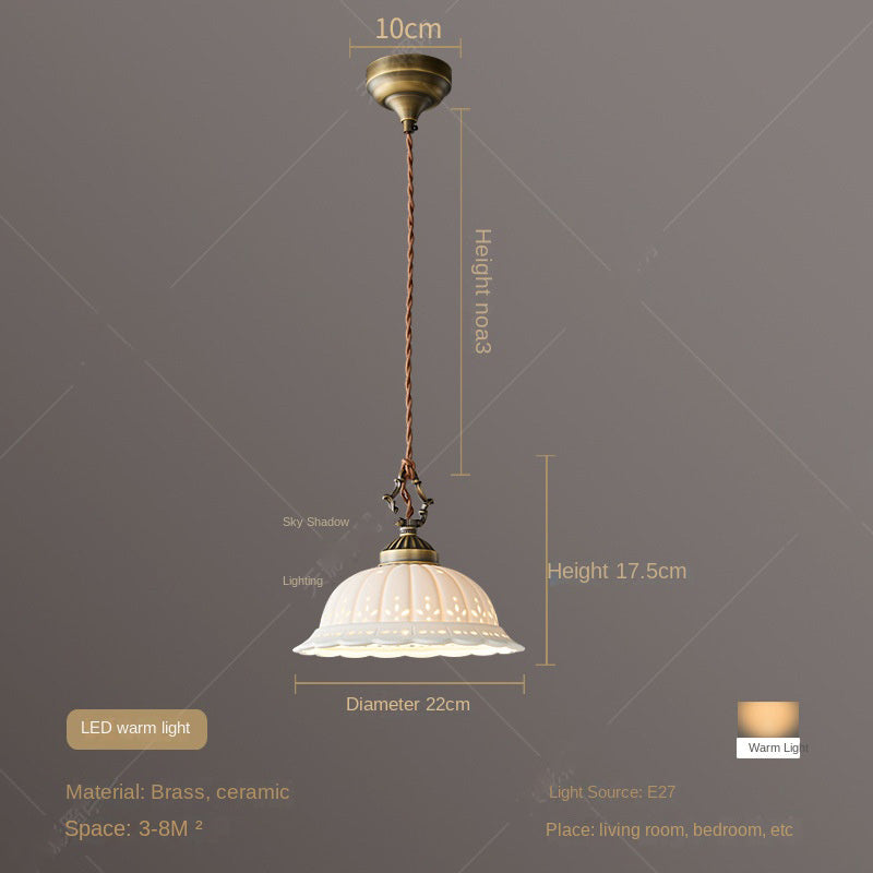 Copper LED Pendant Light Ceramic Shade Adjustable Height Bedroom Study Illumination