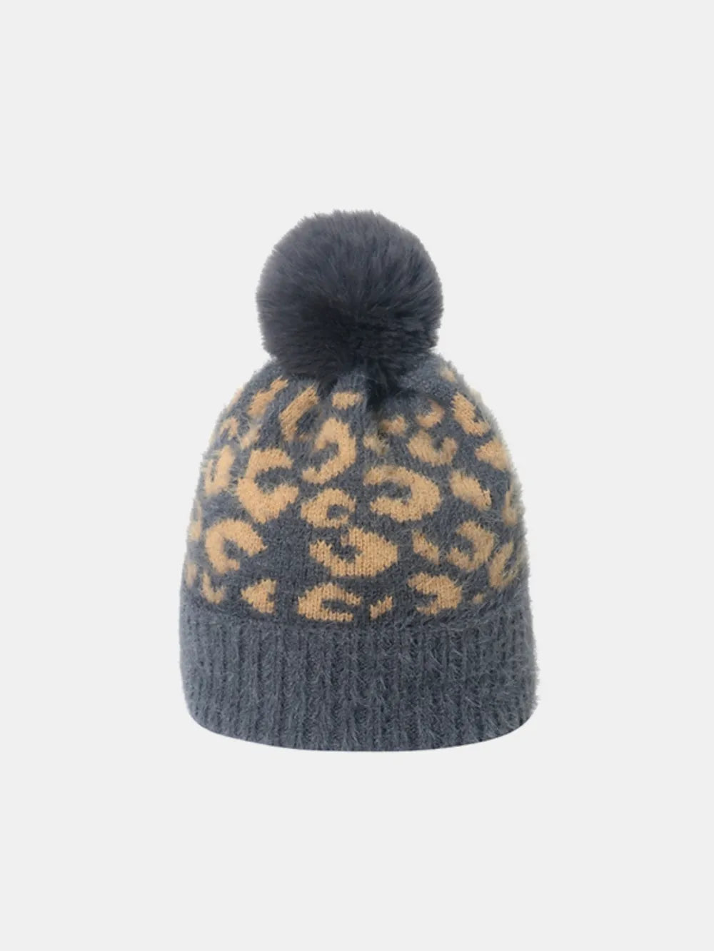 Leopard Print Acrylic Knit Winter Hat with Soft Pompom Stylish Essential Cap
