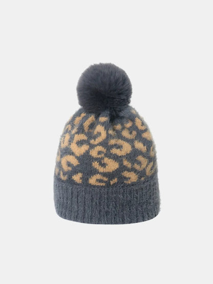 Leopard Print Acrylic Knit Winter Hat with Soft Pompom Stylish Essential Cap