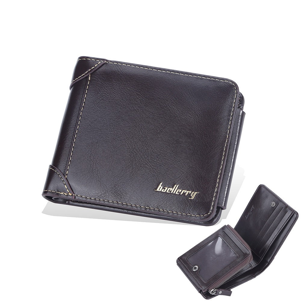 Men's Slim Leather Wallet Three-Fold Multi-Card Secure Zip Pocket RFID Blocking