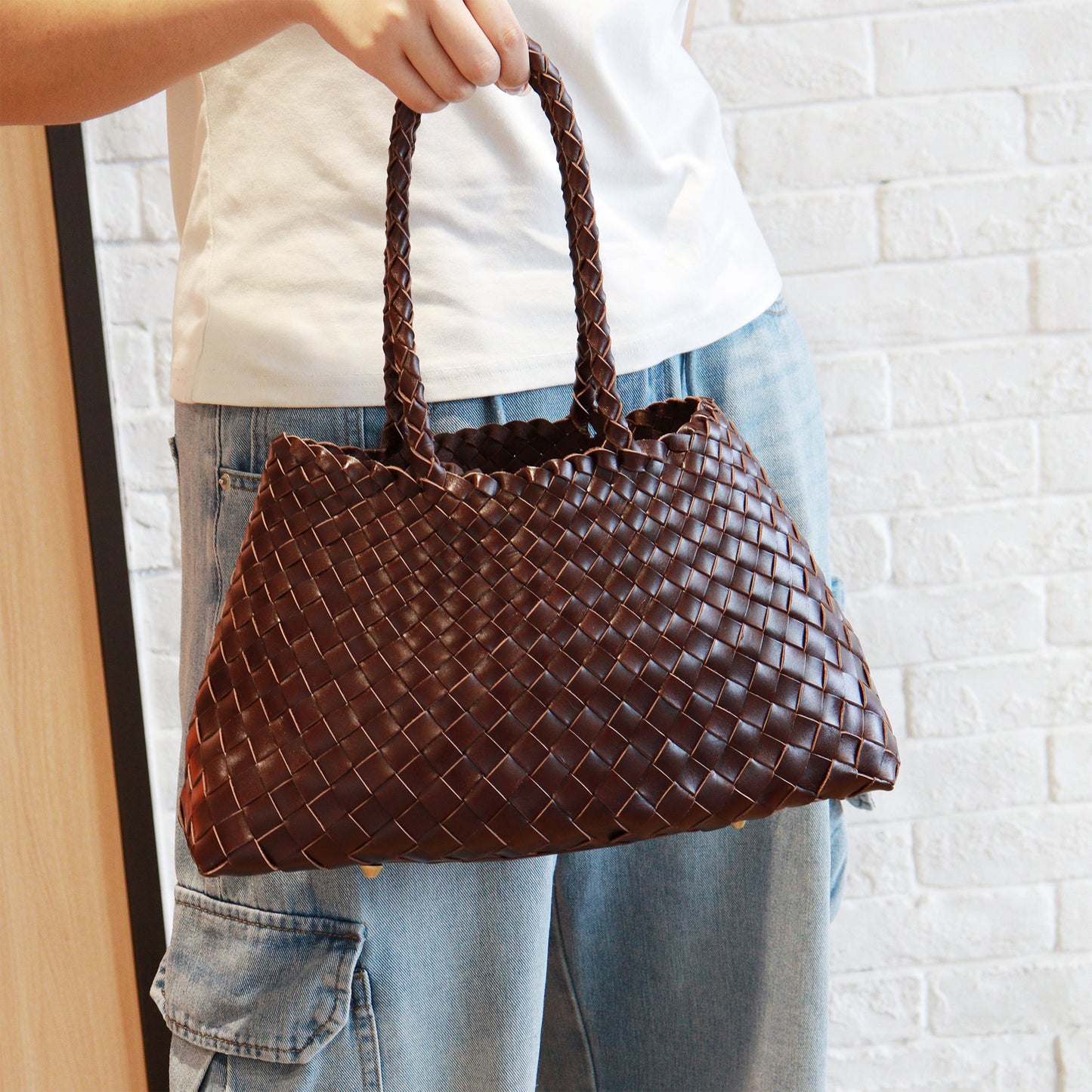 Women's Handmade Woven Leather Shoulder Tote Vintage Style Large Capacity Bag