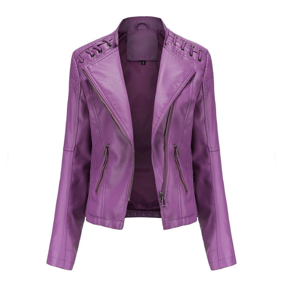 Women's Faux Leather Motorcycle Jacket Slim Fit Short Style Casual Lightweight Coat