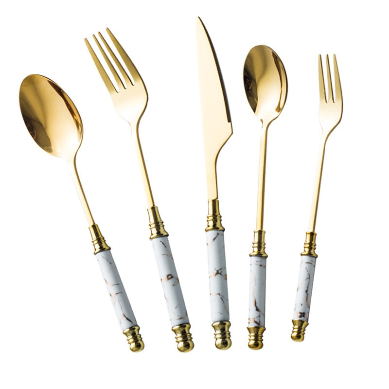 5pcs Ceramic Tableware Fork Spoon Knife Set Vintage Cutlery Set Stainless Steel