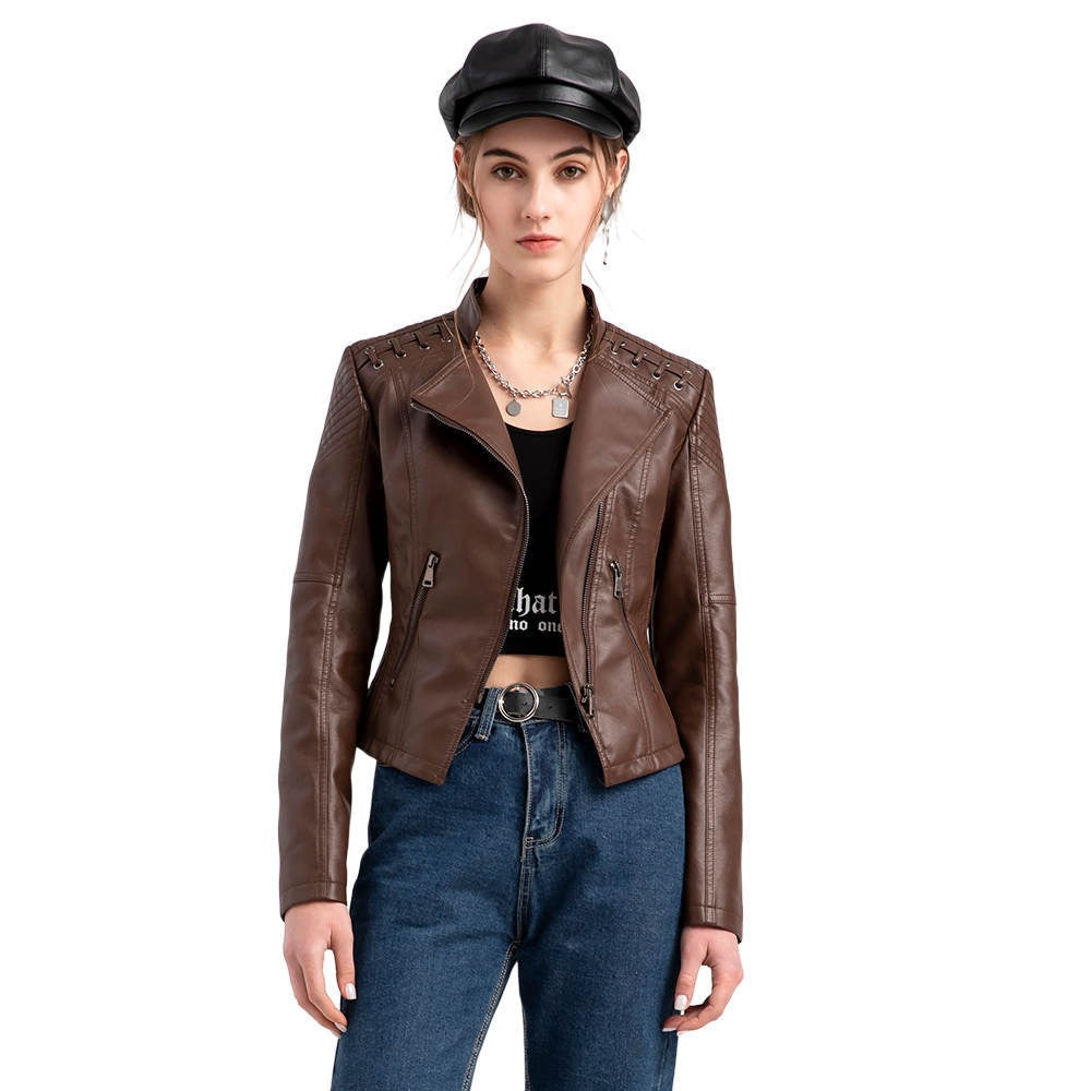 Women's Faux Leather Motorcycle Jacket Slim Fit Short Style Casual Lightweight Coat