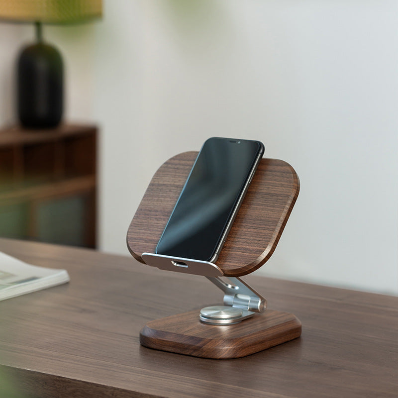 Adjustable Rotating Walnut Wood Desktop Tablet Phone Holder Office Gaming