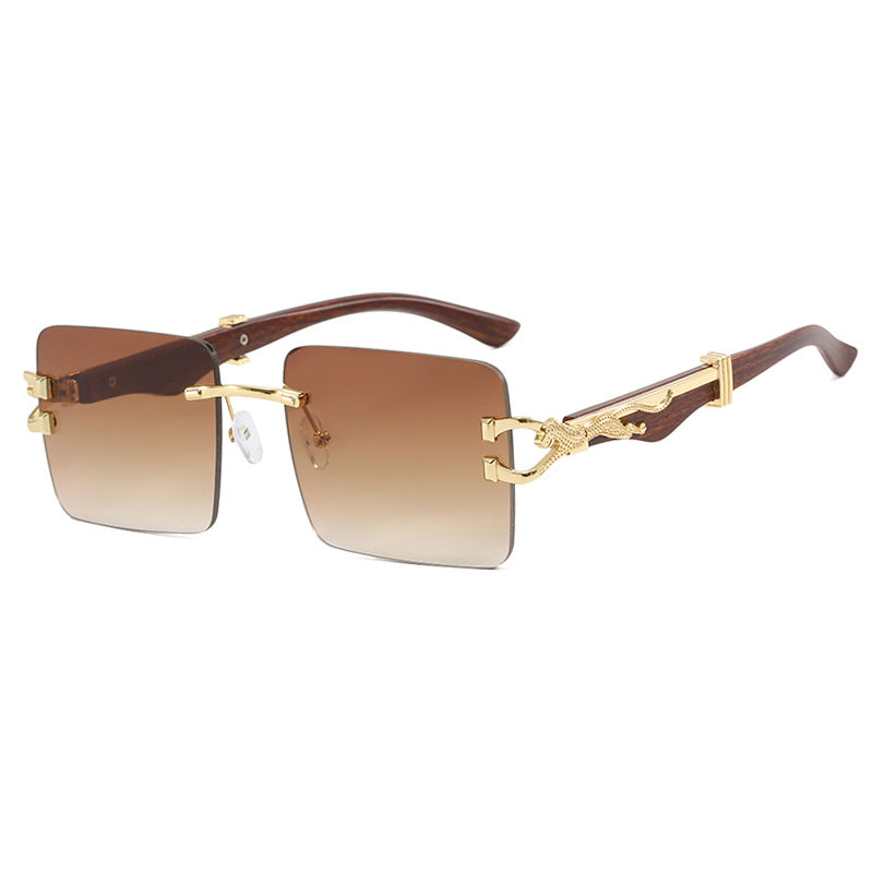 Women's Wooden Frameless Square UV400 Sunglasses Slim Leopard Print Protection