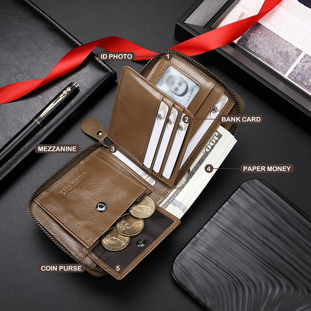 Men's Genuine Leather Zip Wallet Multi-Function Horizontal Style RFID Blocking