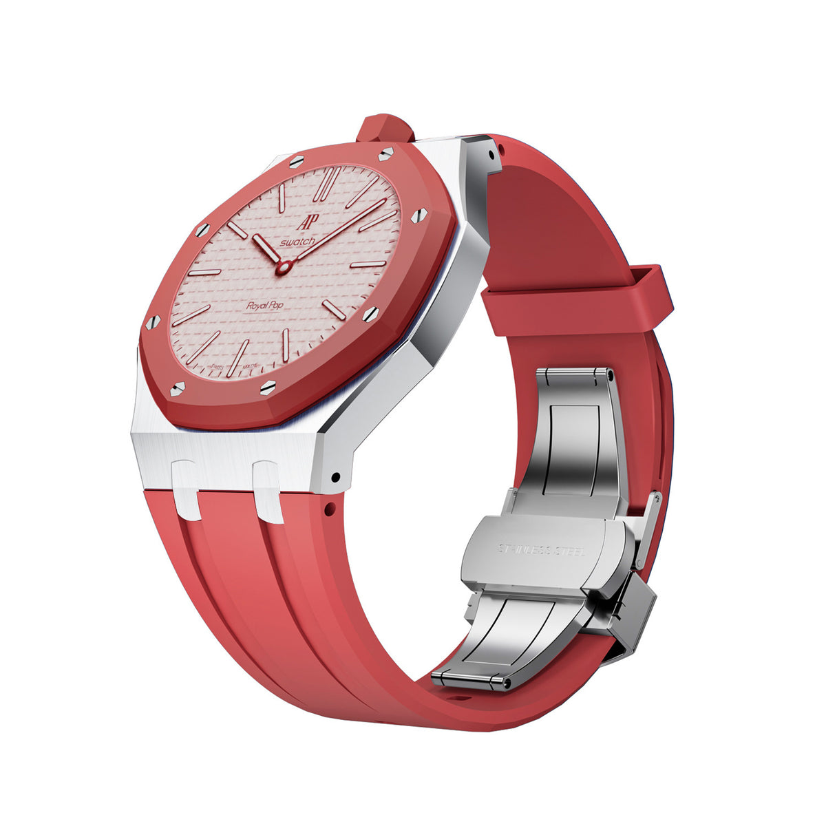 For AP x Swatch Royal Pop Metal Case Silicone Strap 3 12 Crown Steel Clasp